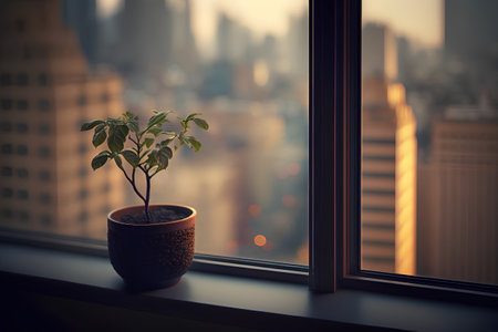 Small plant in a pot on the windowsill with a city viewの素材