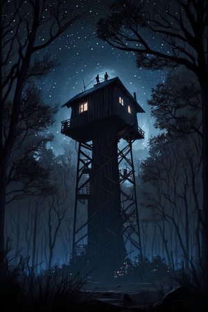 Silhouette of a wooden watchtower in the forest at nightの素材