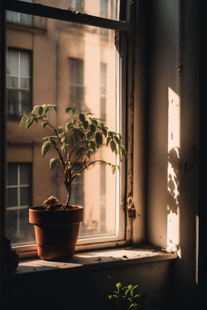 Small plant in a pot on a window sill at sunset. Selective focus.の素材