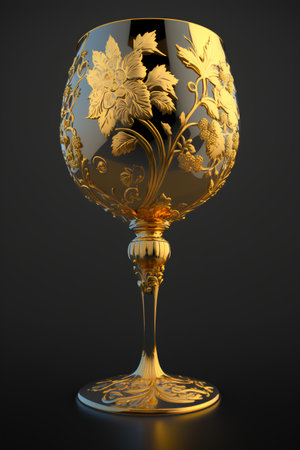Wine glass with golden ornament on black background. 3d illustrationの素材