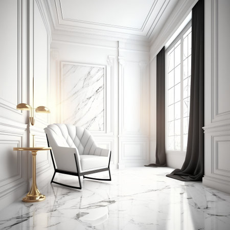 Luxury interior with white marble wallsle floor, white armchair and golden lamp. 3d renderの素材