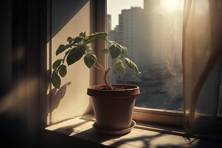 A small plant in a pot on the windowsill in the rays of the sunの素材