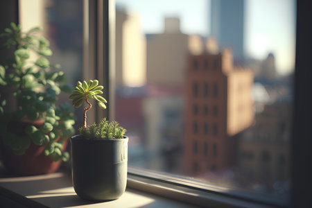 Small succulent plant in a pot on the windowsill. Selective focus.の素材