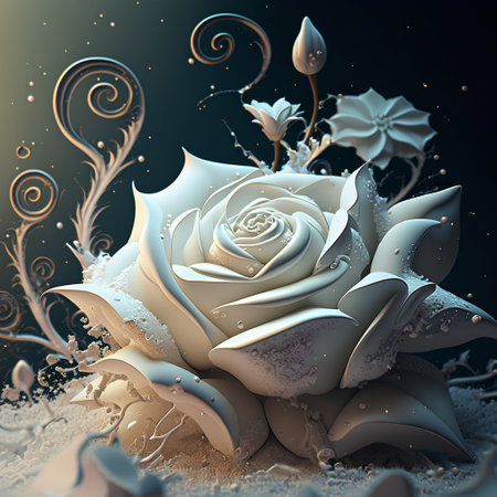 3d illustration of white rose in abstract fractal background. Fantasy flowers.の素材