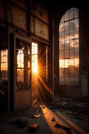 Abandoned industrial building at sunset with windows and rays of lightの素材