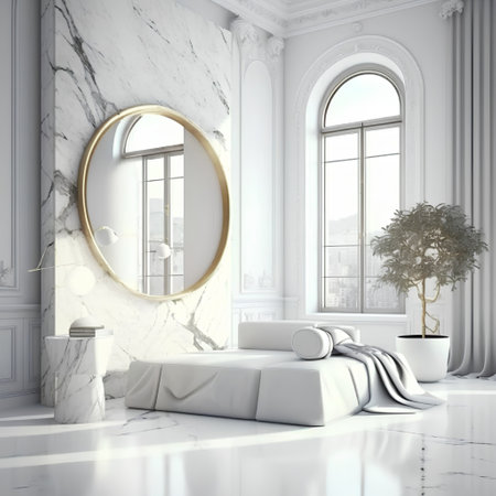 Luxury bedroom interior with white marble walls, tiled floor, round mirror and white bedside table. 3d renderingの素材