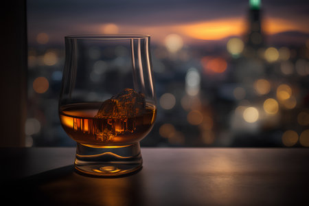 Whiskey with ice cubes on a blurred background of the cityの素材