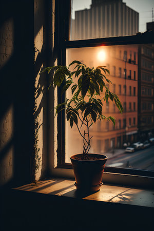 A small plant in a pot stands on the windowsill in the rays of the setting sun.の素材