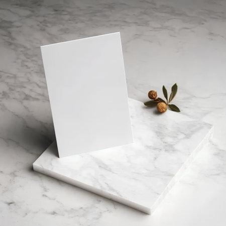 Blank greeting card on a marble pedestal, 3d renderの素材