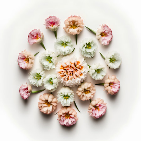Circle of spring flowers on white background. Flat lay, top viewの素材