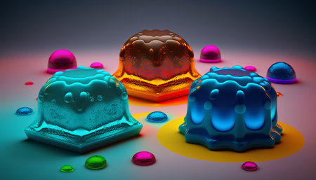 3d illustration of a set of colorful jelly candies on a colorful backgroundの素材