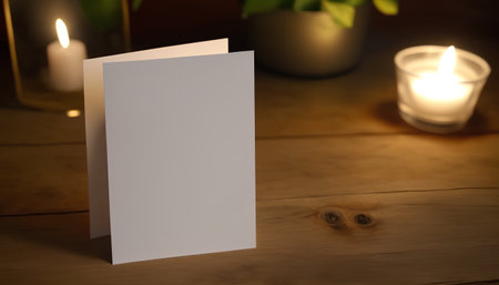 Blank paper card with candle on wooden background. 3d renderingの素材