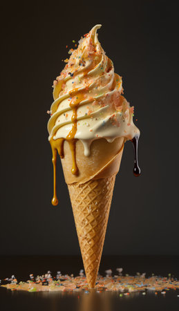 Ice cream in waffle cone with caramel and sprinkles on dark backgroundの素材