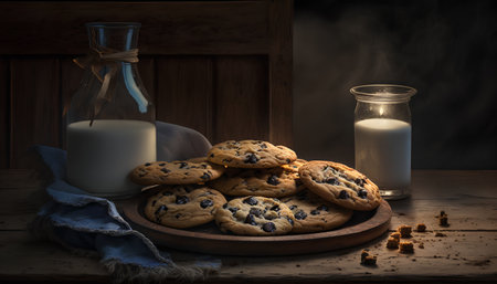 Chocolate chip cookies on a wooden board and a bottle of milk on a dark background.の素材