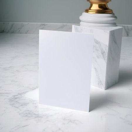 Blank white business cardsle table with golden trophy in backgroundの素材