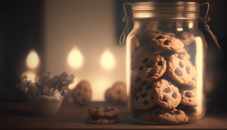 Chocolate chip cookies in a glass jar on a wooden table with candles in the backgroundの素材