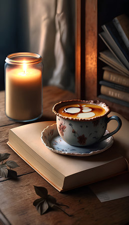 Cup of coffee with book and candle on wooden table in roomの素材