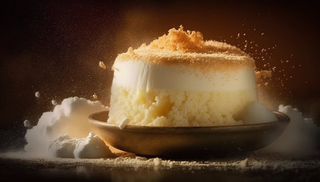 Panna cotta with a splash of milk and cinnamon on a dark backgroundの素材