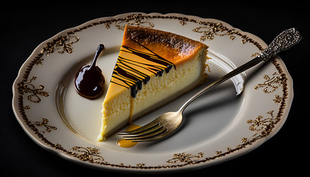 Piece of cheesecake with chocolate sauce on a white plate.の素材