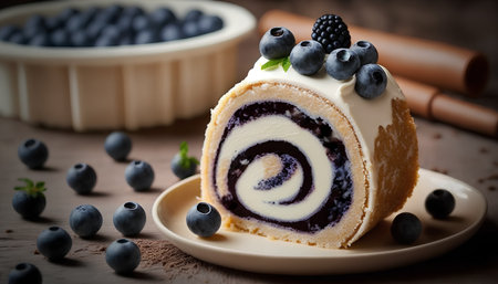 Blueberry roll cake with whipped cream and fresh blueberries, selective focusの素材