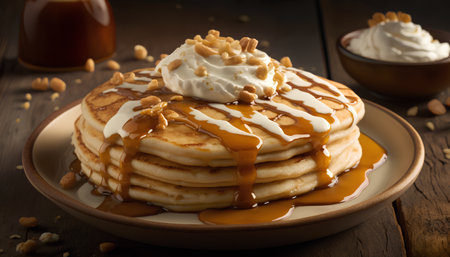 Pancakes with whipped cream, caramel and nuts on wooden backgroundの素材
