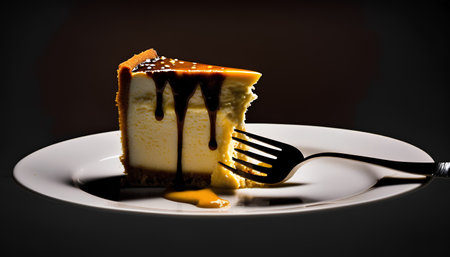 cheesecake on a white plate with a fork on a dark backgroundの素材