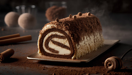Chocolate roll cake with cream and cocoa powder on a dark backgroundの素材