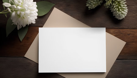 Blank paper and envelope on wooden background. Mockup for branding identity.の素材
