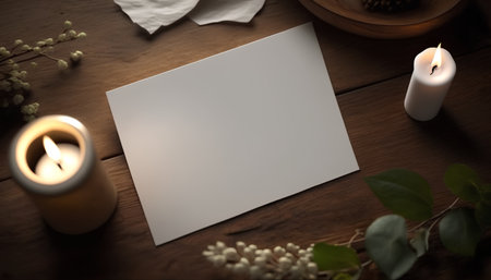 Blank paper on a wooden table with candles and eucalyptusの素材