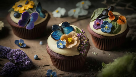 Cupcakes with buttercups and pansy flowers, selective focusの素材
