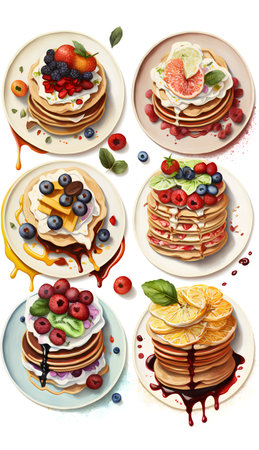 Pancakes with fruits and berries on plates. Vector illustration.の素材