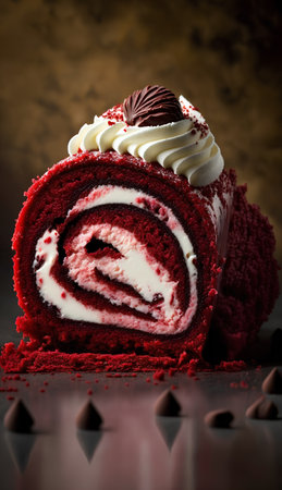 Red velvet roll cake with whipped cream and chocolate on a dark backgroundの素材