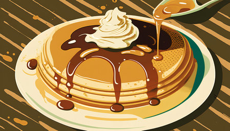 Pancakes with ice cream and chocolate syrup. Vector illustration.の素材