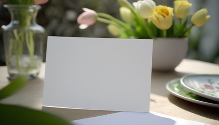 Blank card on a table with bouquet of tulips.の素材