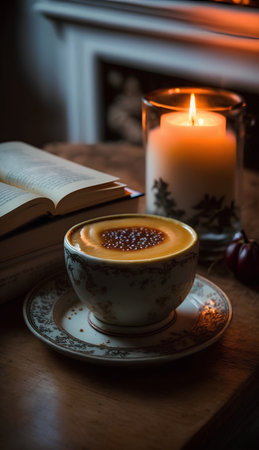 Cup of coffee with book and candle on a wooden table.の素材