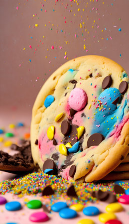Colorful chocolate cookies with sprinkles on pink background, close upの素材