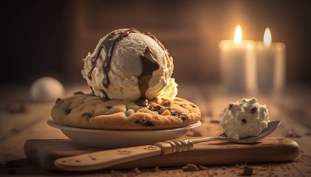 ice cream with chocolate and vanilla ice cream in a plate on wooden backgroundの素材