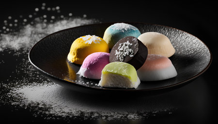 Colorful ice cream balls on a black plate on black background.の素材