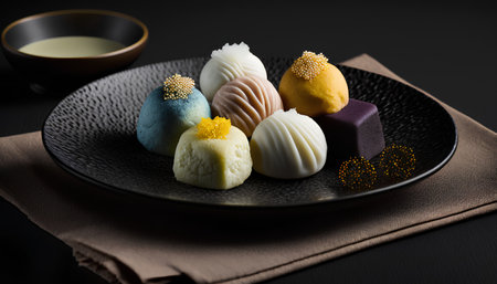 Japanese confectionery on a black plate on a black background.の素材