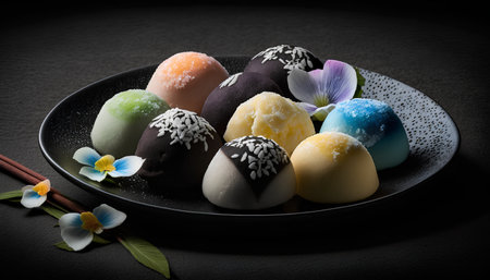 Japanese traditional confectionery on plate on black background. Toned.の素材