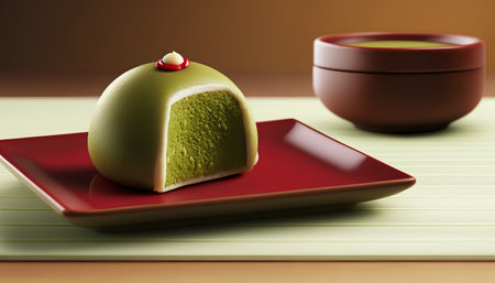 Japanese matcha green tea mochi cake on a red plateの素材