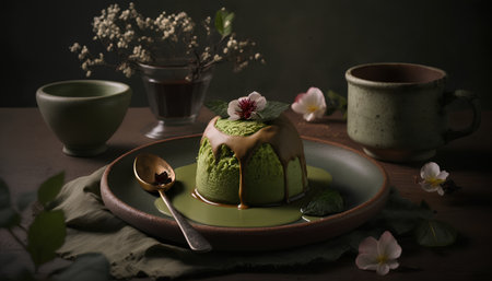Chocolate cake with green tea and flowers on a dark background.の素材