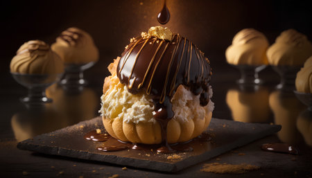 Eclair with chocolate and ice cream on a dark background. Selective focus.の素材