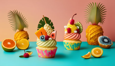 Fruit cupcakes with cream and fruit toppings on colorful backgroundの素材