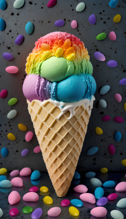 Ice cream scoops in waffle cone with colorful candies on dark backgroundの素材