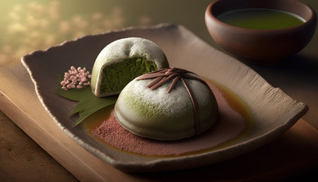 Mochi japanese dessert with matcha green tea.の素材