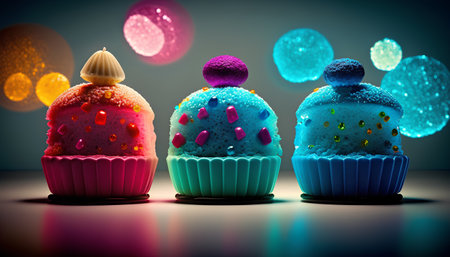 3D render of colorful cupcakes on a dark background with bokehの素材