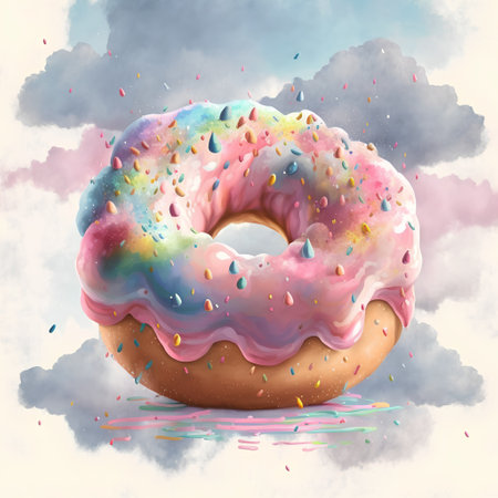 Donut with colorful glaze and sprinkles, 3d illustrationの素材