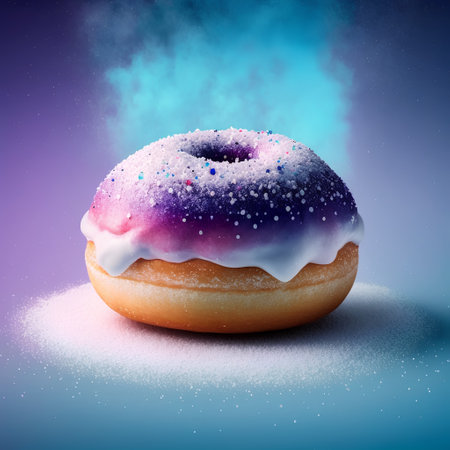 Colorful donut with sprinkles and dust on a purple backgroundの素材