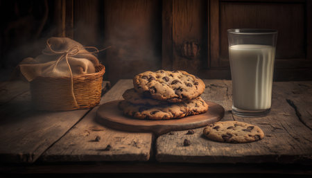 Chocolate chip cookies and a glass of milk on a wooden tableの素材